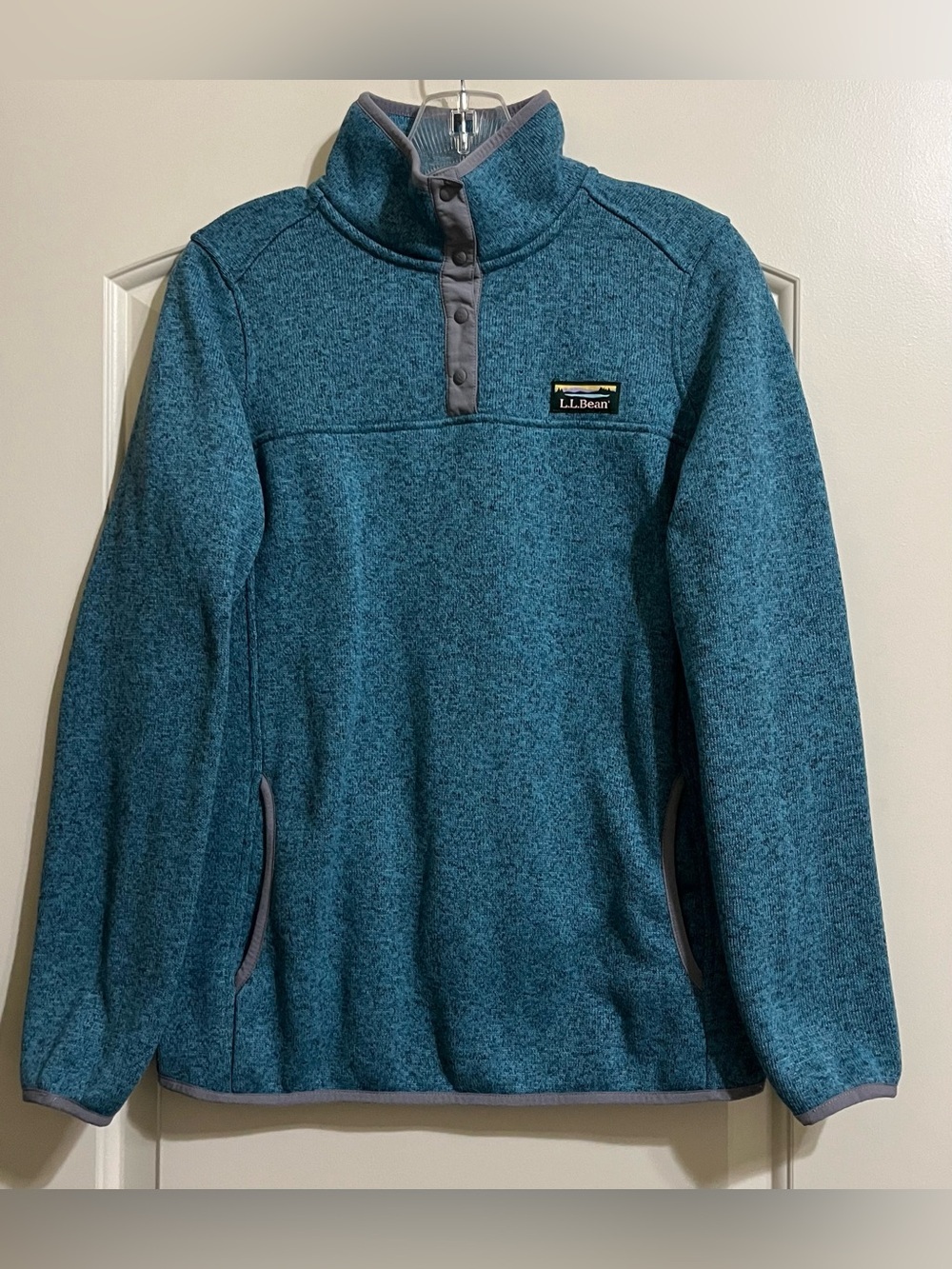 L.L. Bean Women’s Storm Teal Heather Snap Up Mock Neck Fleece Pullover Small Reg